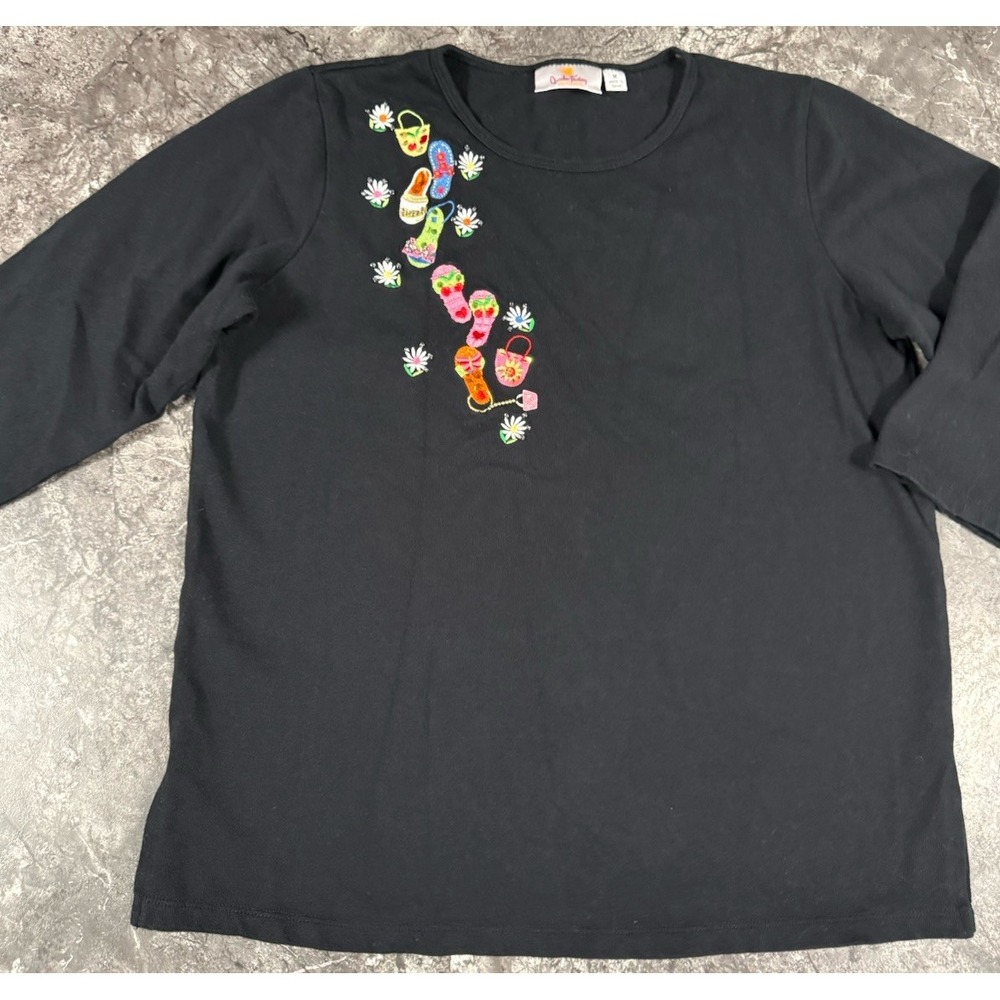 Quaker Factory Womens Embroidered‎ Embellished Flip Flop 3/4 Sleeve Top Sz M